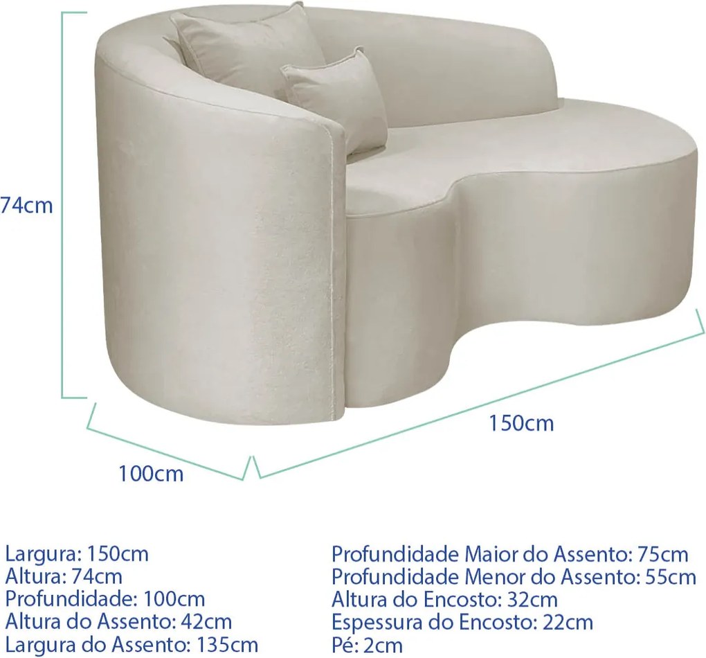 Kit Recamier Curvo Sala de Estar Inglaterra 150cm Lado Direito e 2 Poltronas Orgânica Luxo Amore Linho