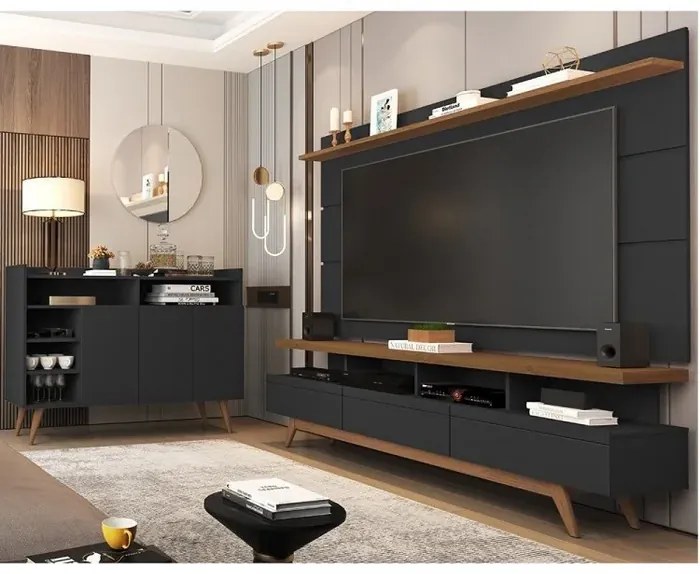 Conjunto Rack E Painel Vivare 1.8 Wood E Buffet Celta Black/Freijó - Giga Móveis