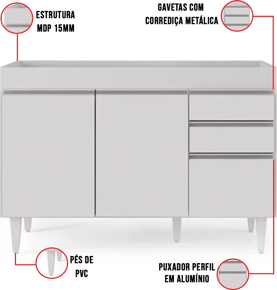 Balcão de Cozinha Lavanderia sem Tampo 02 Gavetas Beth 120 cm L06 - D'Rossi - Branco