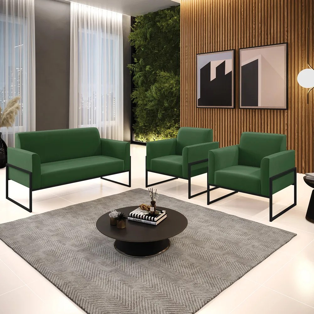 Sofá Namoradeira com 2 Poltronas Base Industrial Alta Preto Marisa Suede D03 - D'Rossi - Verde