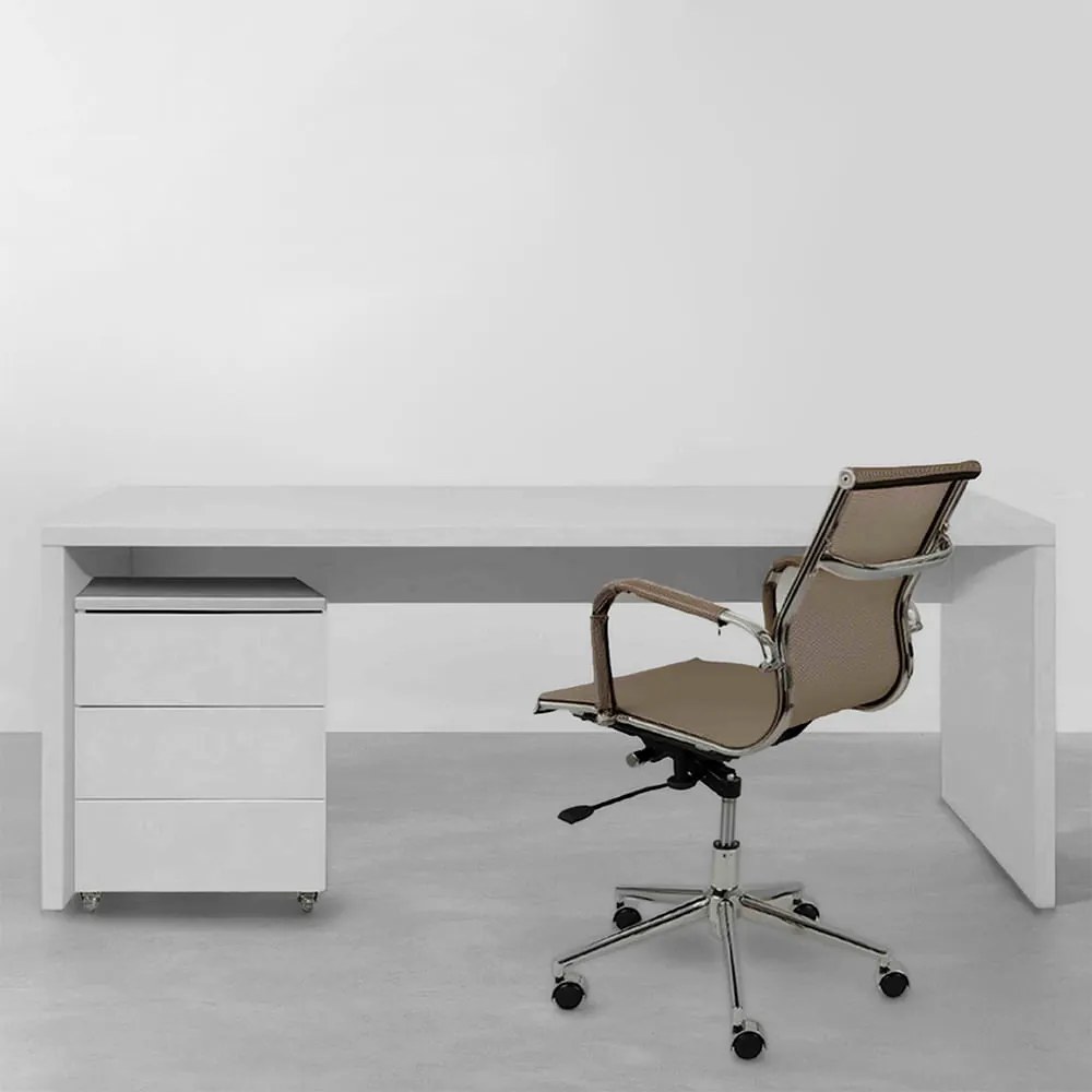 Conjunto Office - Bancada Contemporânea Branco 1,80m + Módulo Contemporâneo Branco 42,5cm + Cadeira de Escritório Noruega Cobre