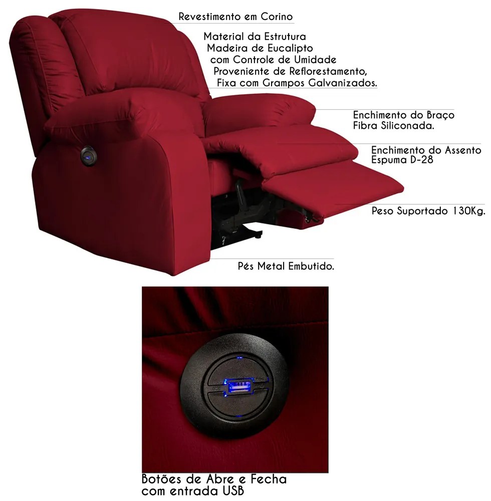 Poltrona do Papai Reclinável Elétrica com Entrada USB Magnum PU Sintético Vermelho G23 - Gran Belo
