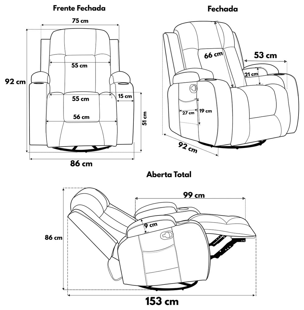 Poltrona do Papai Sala de Estar Austin Aquecimento Massagem Giratória Reclinável Manual PU Marrom Chocolate G94 - Gran Belo