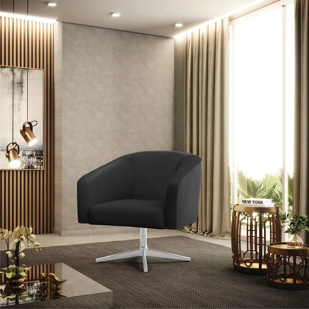 Poltrona Sala Decorativa Giratória Cromada Kit 2 Stella Sintético D03 - D'Rossi - Preto