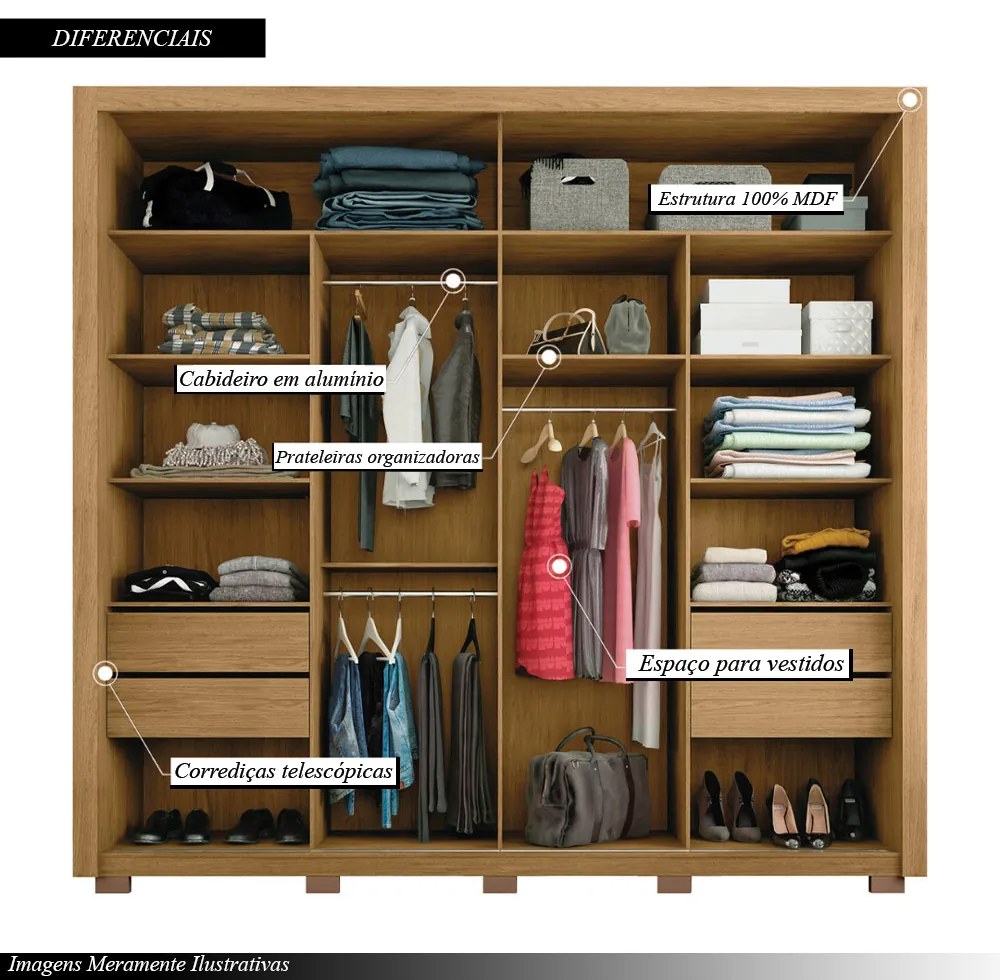 Guarda Roupa Lorian 245cm 2 Portas de Correr com Espelhos e 4 Gavetas em MDF Buriti/Fendi G11 - Gran Belo