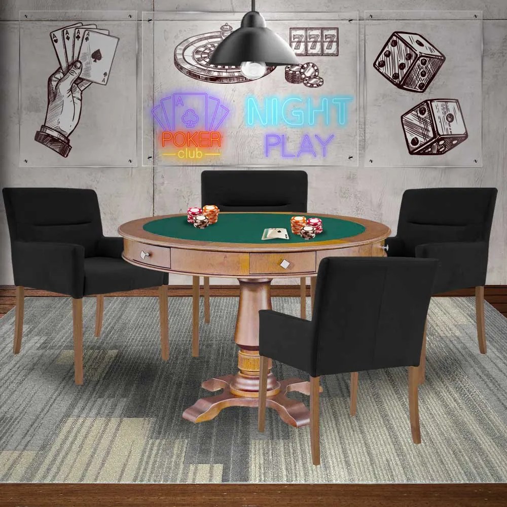 Mesa de Jogos Carteado Victoria Redonda Tampo Reversível Amêndoa com Kit 4 Cadeiras Vicenza Preto Fosco G36 G15 - Gran Belo