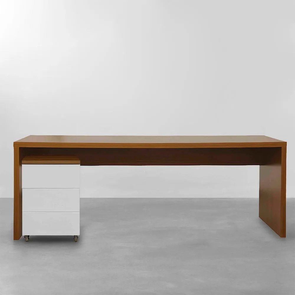 Conjunto Office - Bancada Contemporânea Louro Freijó 1,36m + Gaveteiro Contemporâneo 3 gavetas Louro Freijó e Branco 42,5cm - Conjunto Office - Bancada Contemporânea Louro Freijó 1,36m + Módulo Contemporâneo 3 gavetas Louro Freijó e Branco 42,5cm