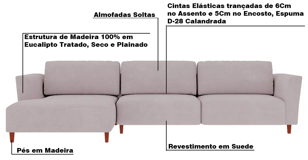 Sofá 310cm com Chaise Esquerda Franz Suede Rosê G52 - Gran Belo