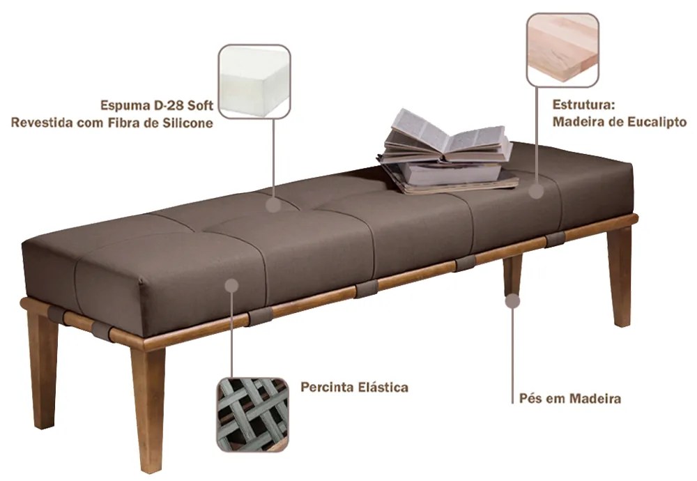 Recamier Decorativo 140cm Martínez Linho Pés Madeira Marrom/Natural G62 - Gran Belo
