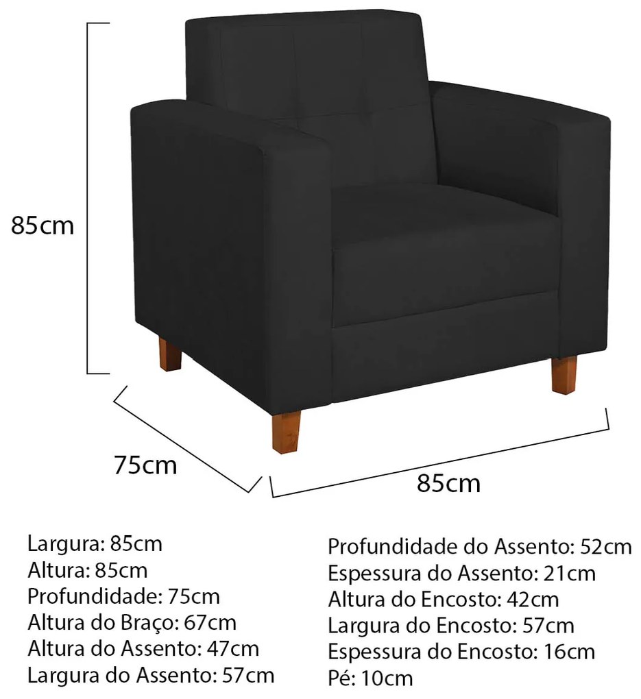 Kit Sofá 2 Lugares e Poltrona Denver Corano Preto - ADJ Decor