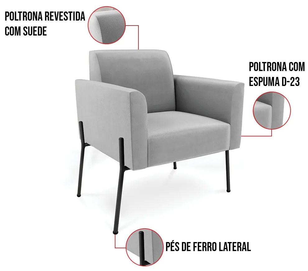 Poltrona Pé de Ferro Preto para Sala Marisa Suede D03 - D'Rossi - Cinza