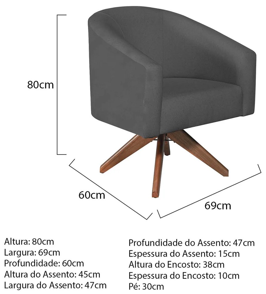Poltrona Luiza Base Giratória de Madeira Linho Chumbo - ADJ Decor