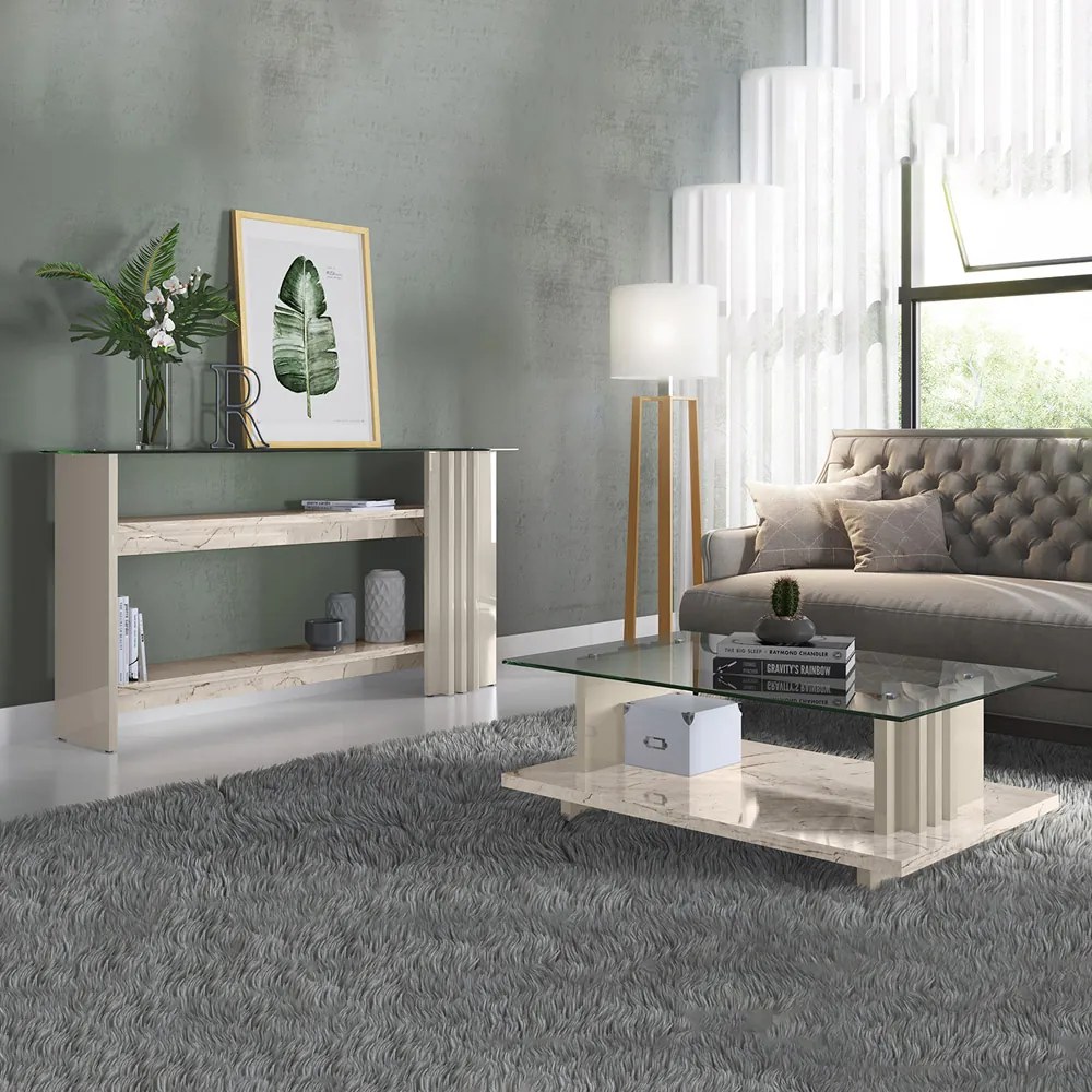 Mesa de Centro e Aparador Ripado para Sala Mirezi M20 - D'Rossi - Calacata(brilho)/Off White(brilho)