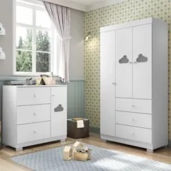 Jogo de Quarto Infantil Guarda Roupa e Cômoda Amora Z39 Branco - Mpoze