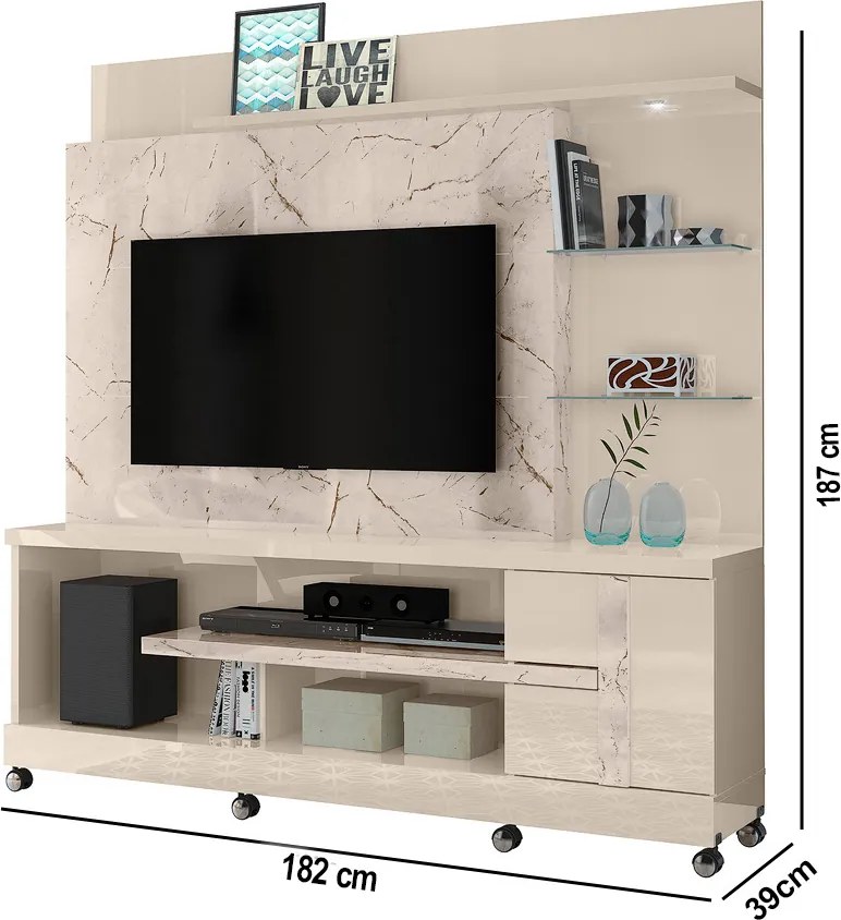 Estante de TV 55 Pol 182cm com Rodízio para Sala Elaris Calacata/Off White M20 - D'Rossi