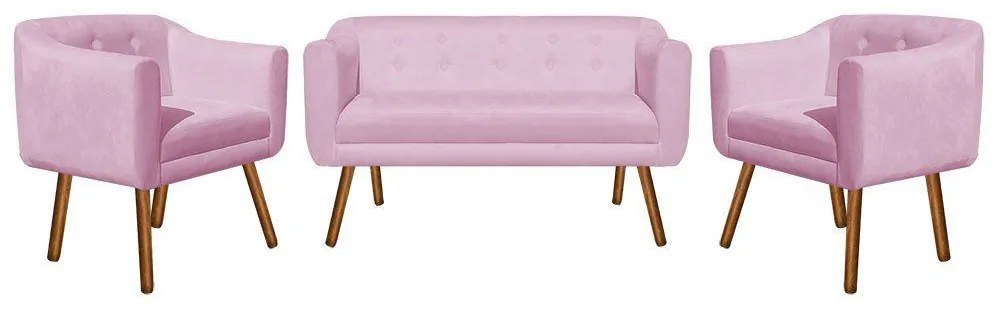 Kit 01 Namoradeira 02 Lugares e 02 Poltronas Julia Suede Rosa Bebê Pés Palito Castanho D'Rossi