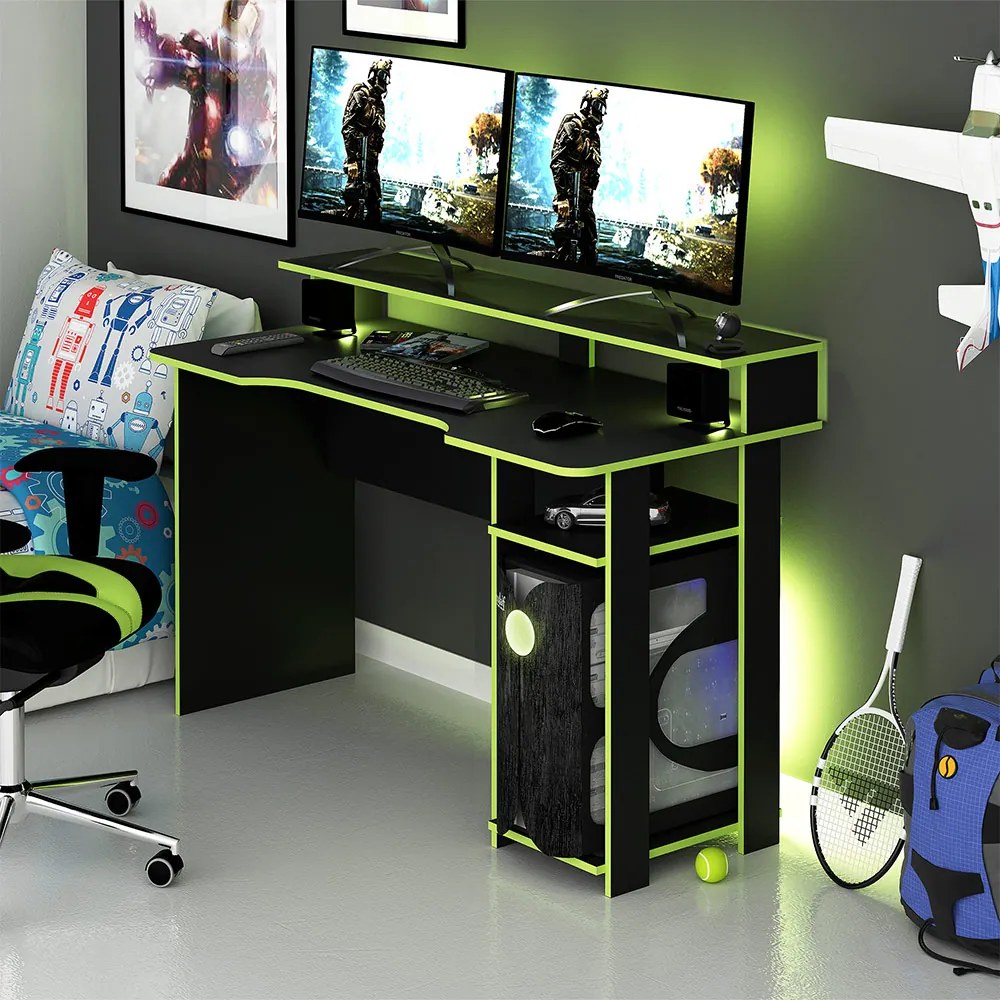 Mesa para Escritório Home Office Gamer ME4153 MDP Preto/Verde G69 - Gran Belo