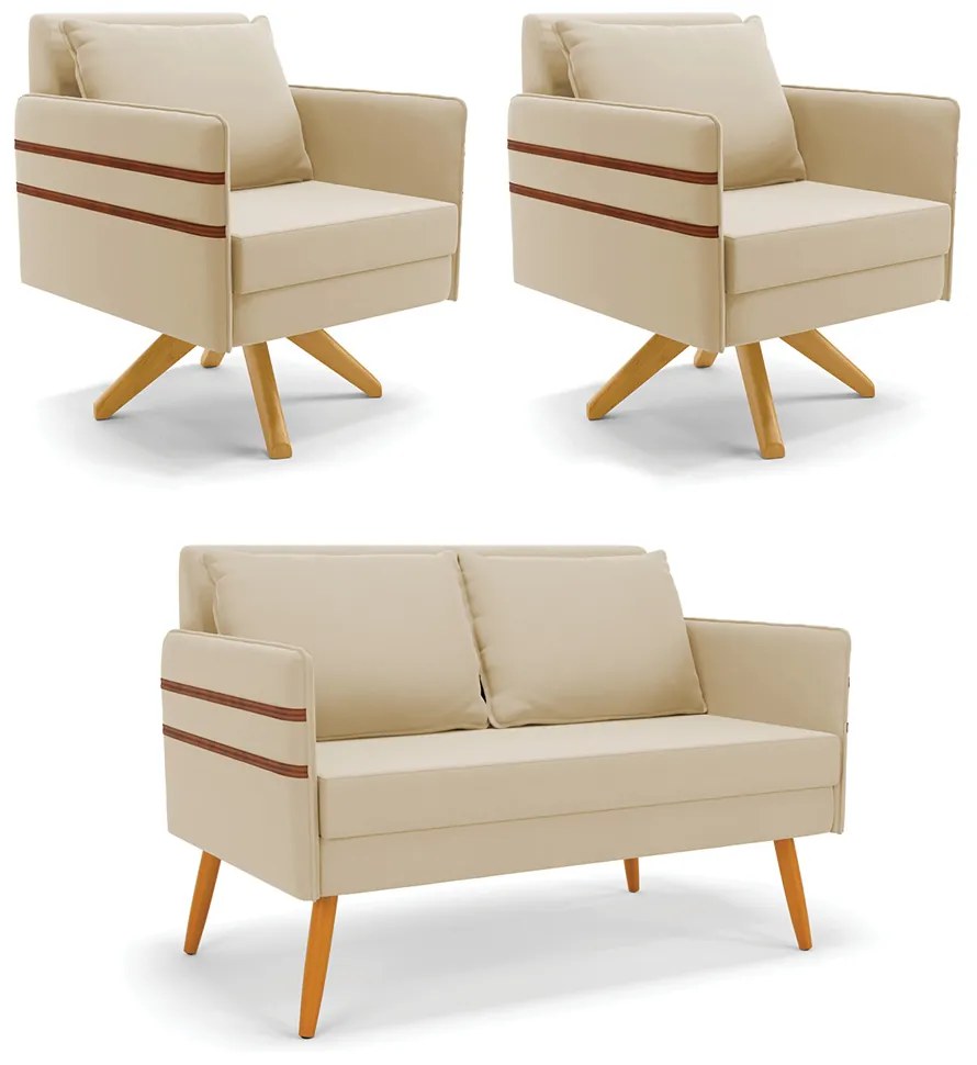 Kit 01 Namoradeira 02 Lugares e 02 Poltronas Mari Suede Base de Madeira MA30 - D'Rossi - Bege