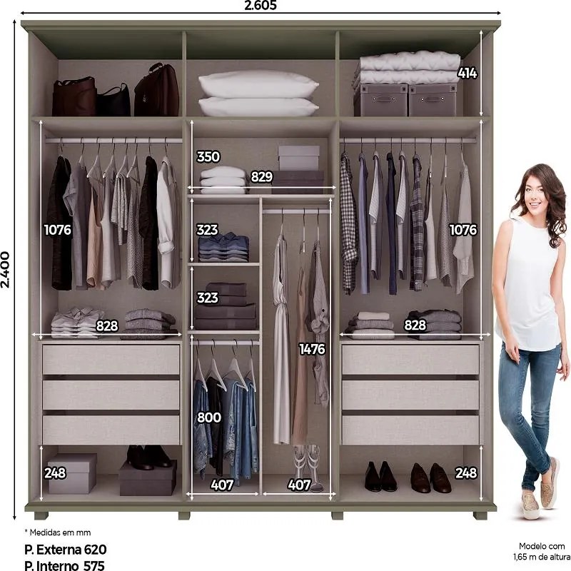 Roupeiro Guarda Roupa Casal 6 Portas 6 Gavetas Duna Henn