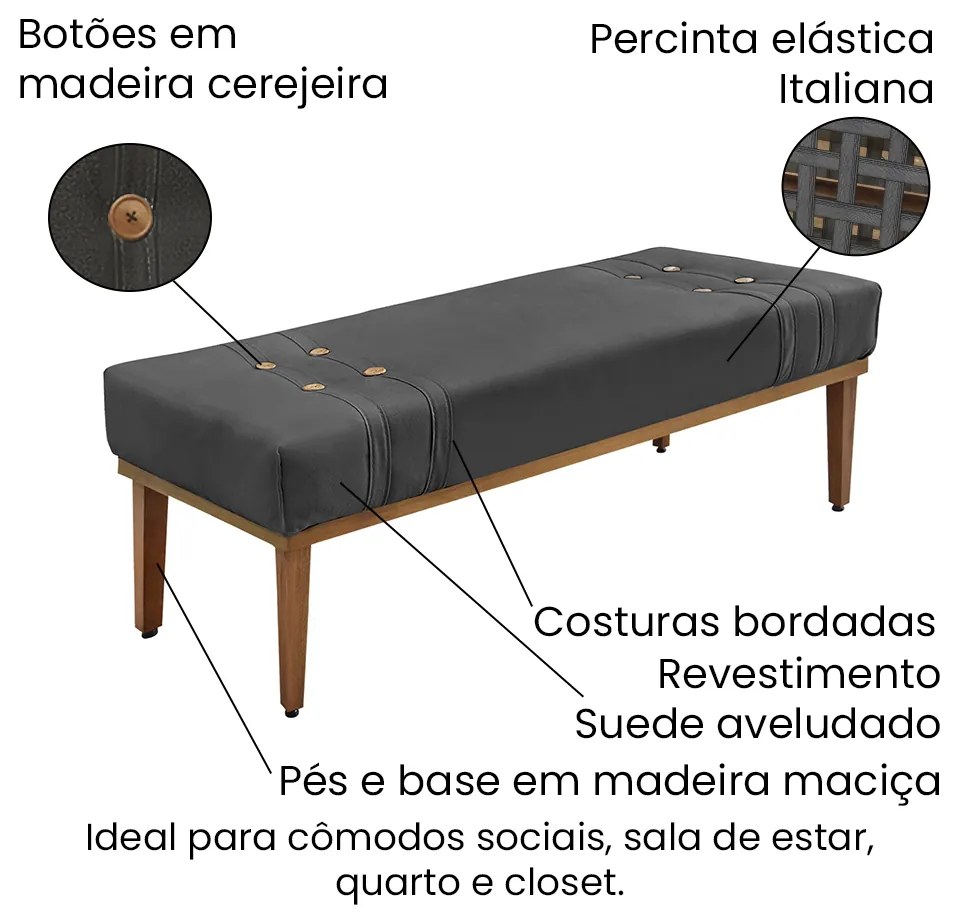 Divã Recamier Banco Base Madeira para Quarto Gênova 90cm Suede Cinza S04 - D'Rossi