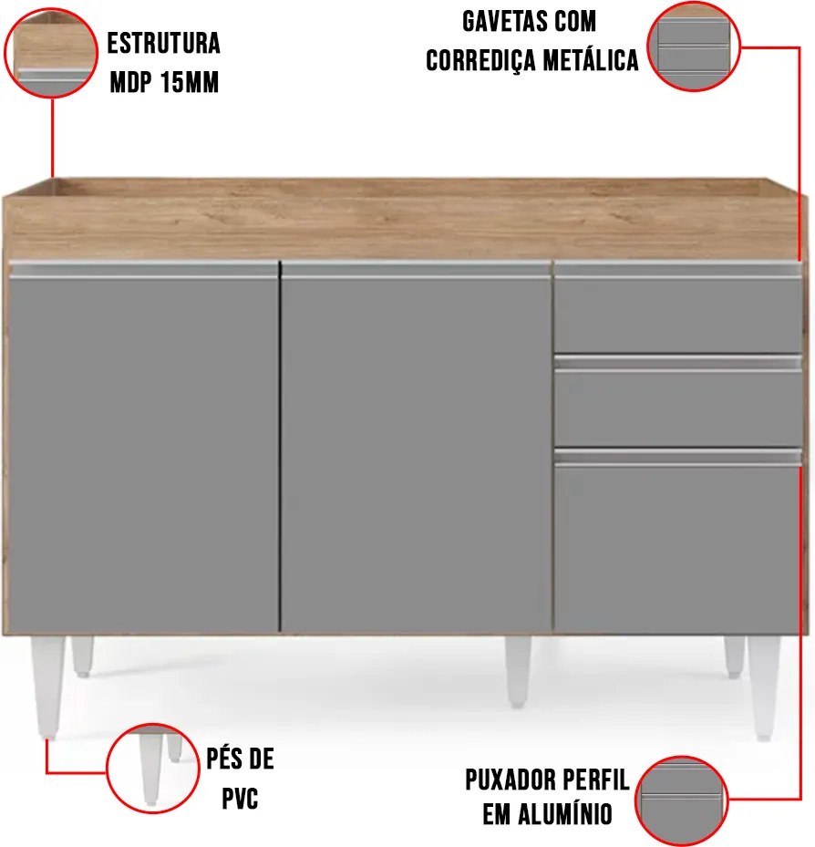 Balcão de Cozinha Lavanderia sem Tampo 02 Gavetas Beth 120 cm L06 - D'Rossi - Castanho e Cinza