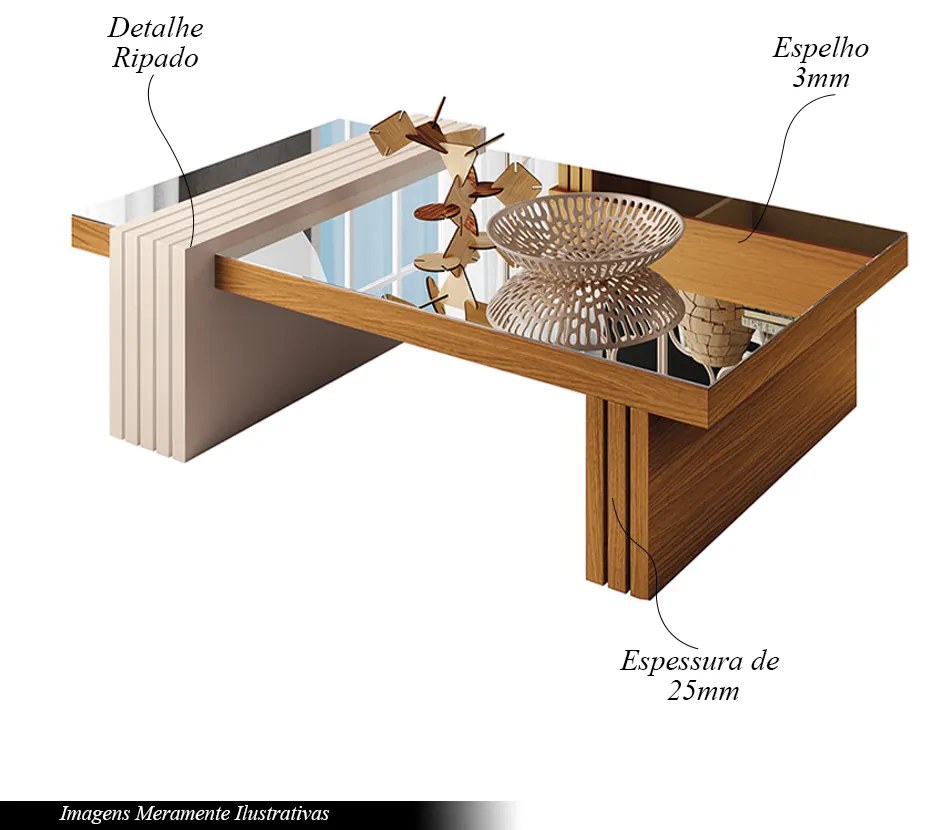 Conjunto Decorativo Aparador e Mesa de Centro com Espelho Sala de Estar Riad Cinamomo/OffWhite G26 - Gran Belo
