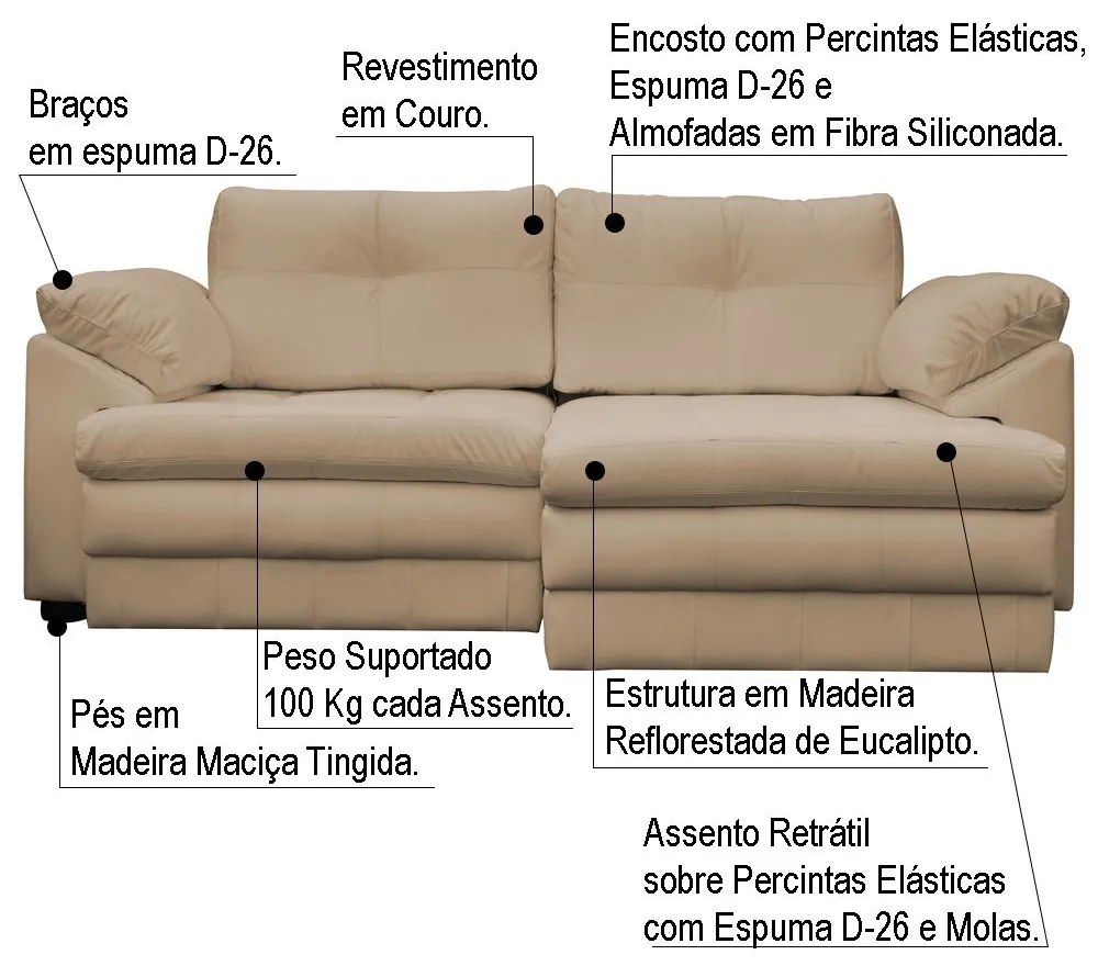 Sofá Retrátil 3 Lugares Bipartido Sala de Estar Piece 215cm Couro Bege - Gran Belo