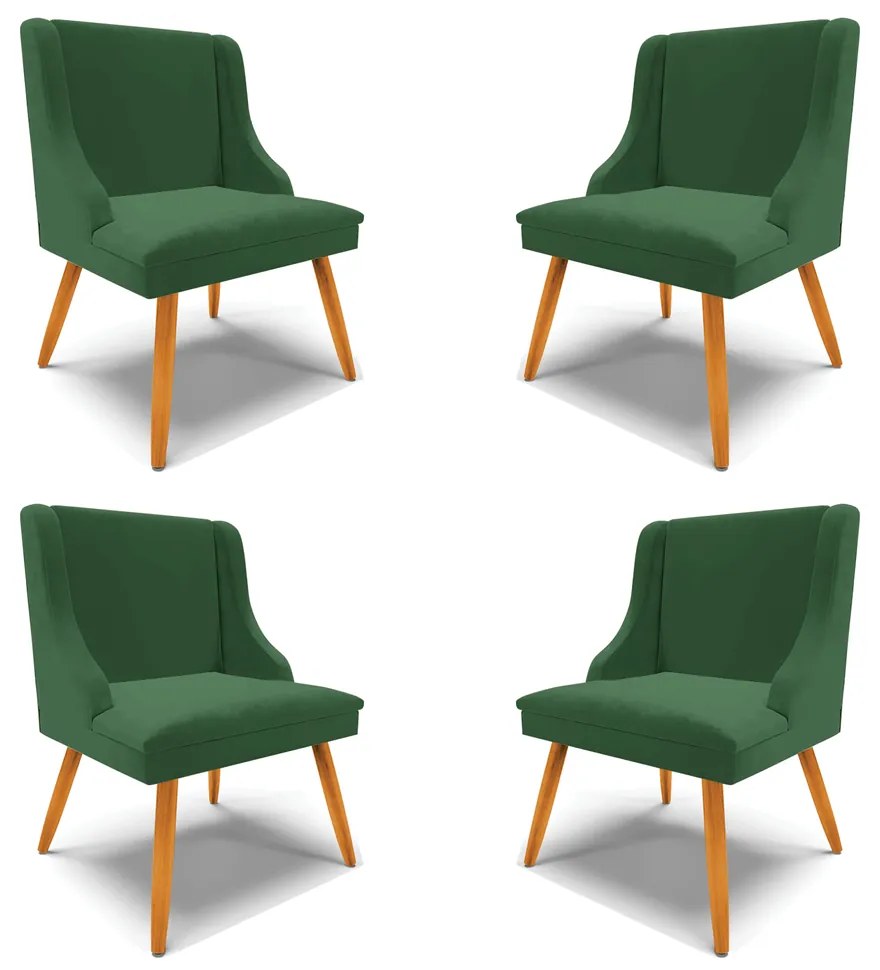 Kit 4 Cadeiras Decorativas Sala de Jantar Pés Palito de Madeira Firenze Veludo Verde/Natural G19 - Gran Belo