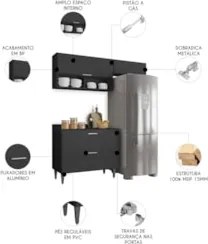 Armário de Cozinha Com Tampo CP03 170cm Pérola Preto Z34      - Mpozen