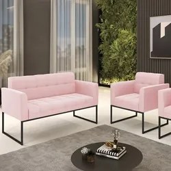 Sofá Namoradeira e 1 Poltrona Base Industrial Preto Ana Suede Rosa Beb