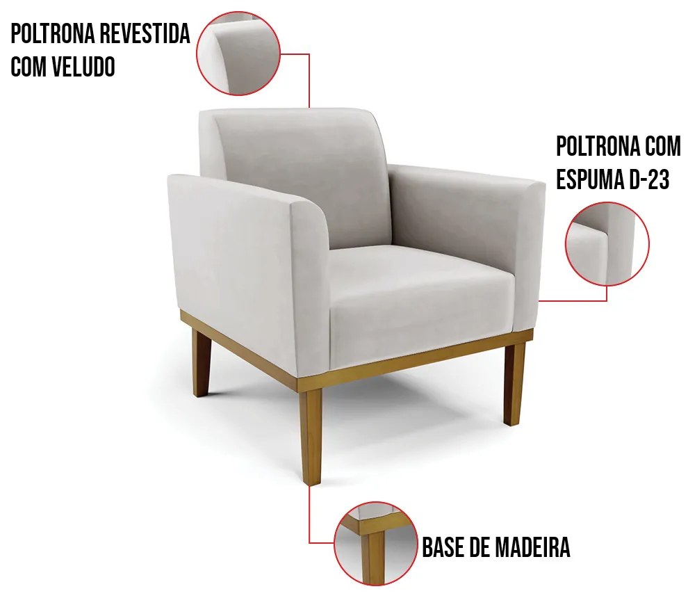 Kit 2 Poltronas Base de Madeira Fixa Castanho Marisa Veludo  D03 - D'Rossi - Cinza