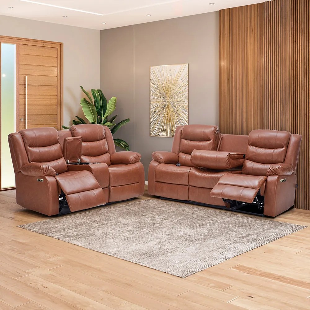 Conjunto Poltronas 2 e 3 Lugares Elétricas Sala de Cinema Hollywood com Massagem Aquecimento Entrada USB/USB-C PU Caramelo G94 - Gran Belo