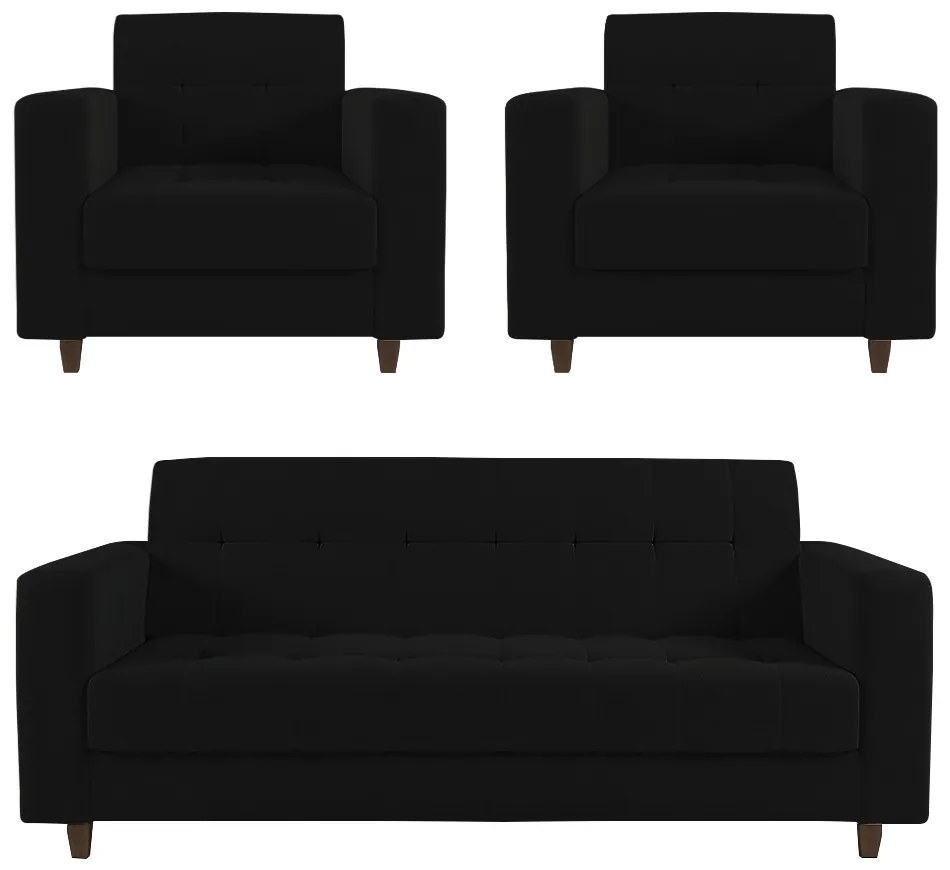 Kit 01 Sofá 3 Lugares e 02 Poltronas Arezzo Linho Preto A79 Pés Chanfrado Tabaco - D'Rossi