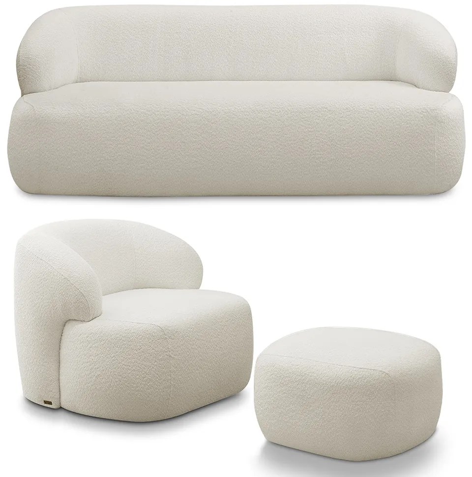 Conjunto Sala de Estar Decorativo Charlote 1 Sofá 180cm 2 Lugares 1 Poltrona Base Fixa com Puff Bouclê Off White G88 - Gran Belo