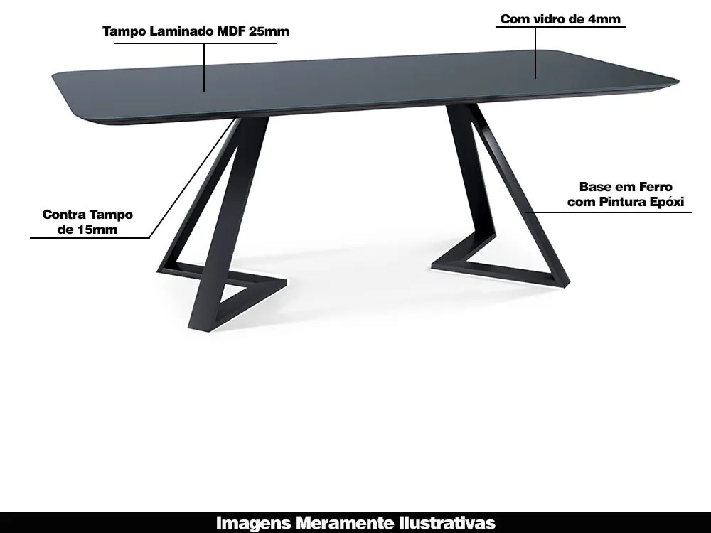 Mesa Sala de Jantar 6 Lugares 200cm Tampo de Vidro Efron Preto G13 - Gran Belo