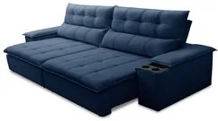 Sofá Retrátil 3 Lugares com Porta Copo 230cm Malta F05 Veludo Azul - M