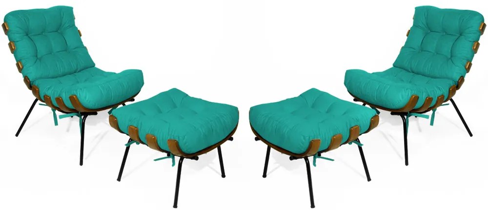 Kit 2 Poltronas Costela Com 2 Puff Costela Suede Azul Tiffany