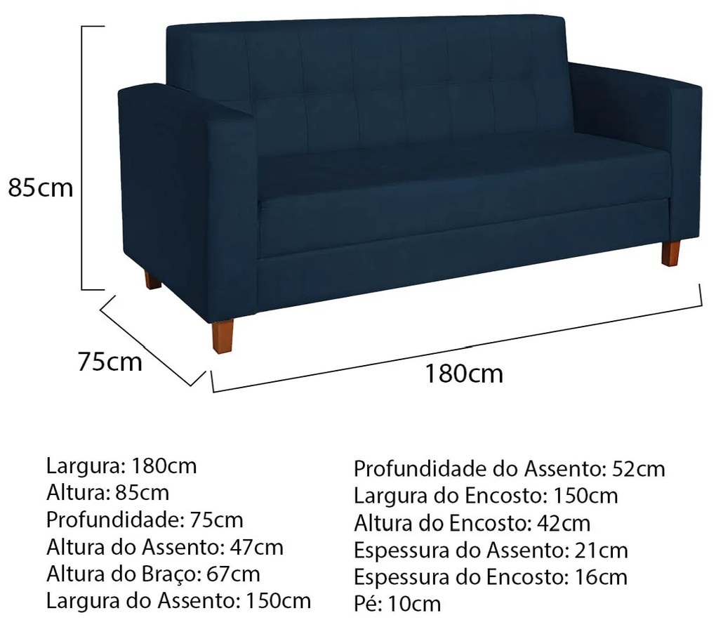 Sofá 2 Lugares Denver Suede Azul Marinho - ADJ Decor