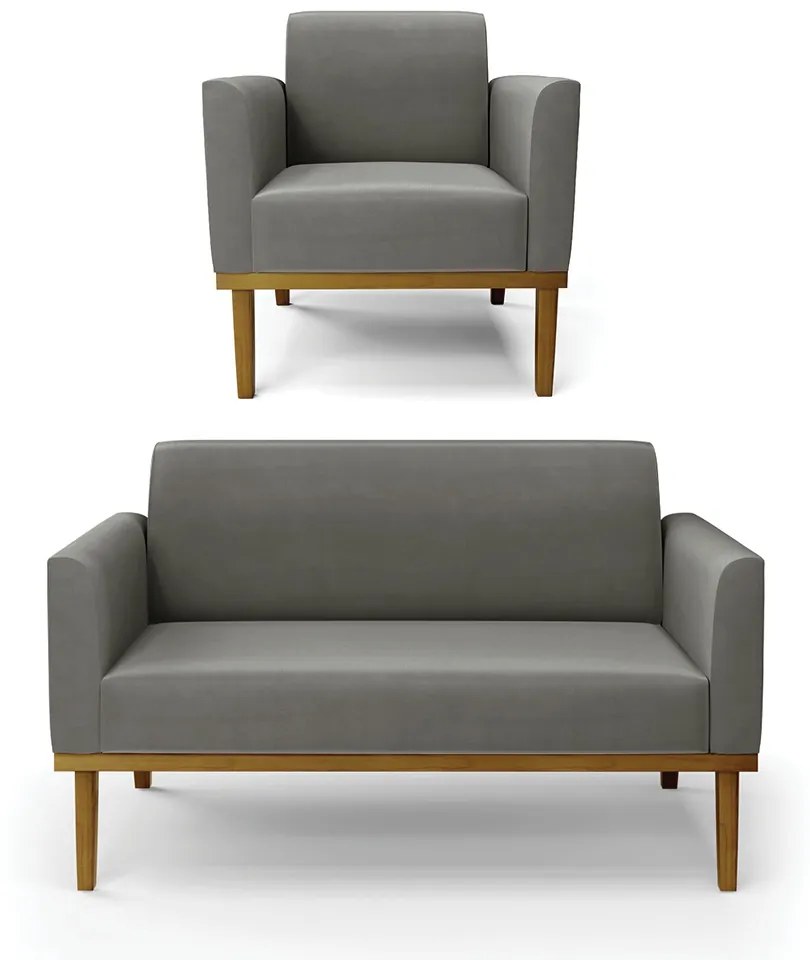 Conjunto Poltrona e Namoradeira Decorativa Isabella Pés Fixo em Madeira Castanho Suede Grafite G19 - Gran Belo