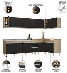 Armário de Cozinha Modulado de Canto 7 Peças CP36 com Pia Inox Castanh
