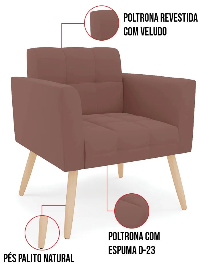 Kit 1 Sofá Namoradeira e 2 Poltronas Elisa Veludo Pés Palito Natural D03 - D'Rossi - Rose