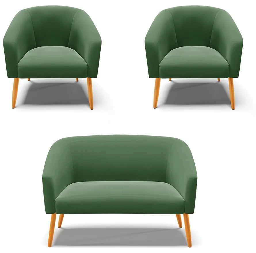 Namoradeira e 2 Poltronas Pé Palito Castanho Stella Suede Verde D03 - D'Rossi