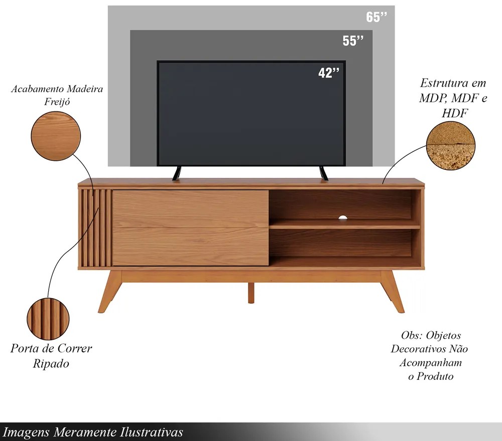 Rack Bancada Pés Madeira Nuro 160cm Porta Deslizante MDF/MDP TV até 60 Freijó G73 - Gran Belo