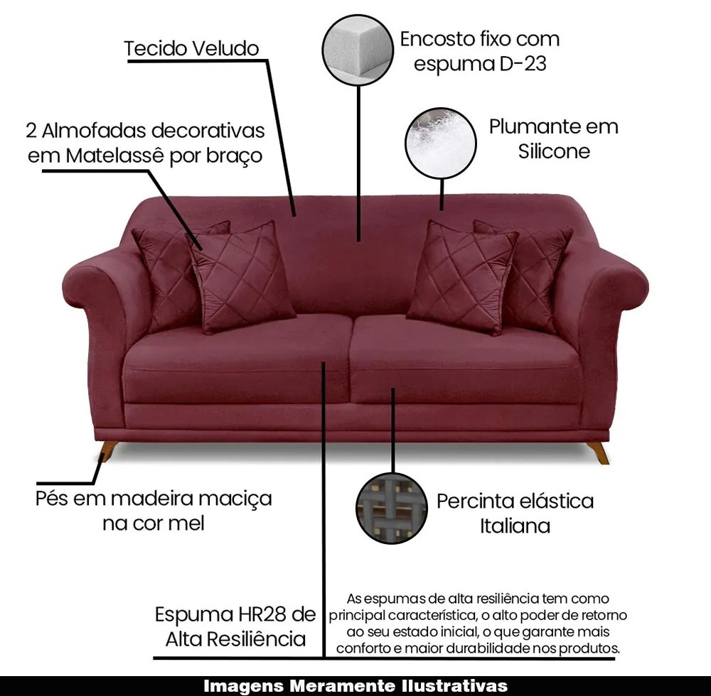 Sofá Decorativo 160cm 2 Lugares com 4 Almofadas Armstrong Veludo Vinho G63 - Gran Belo