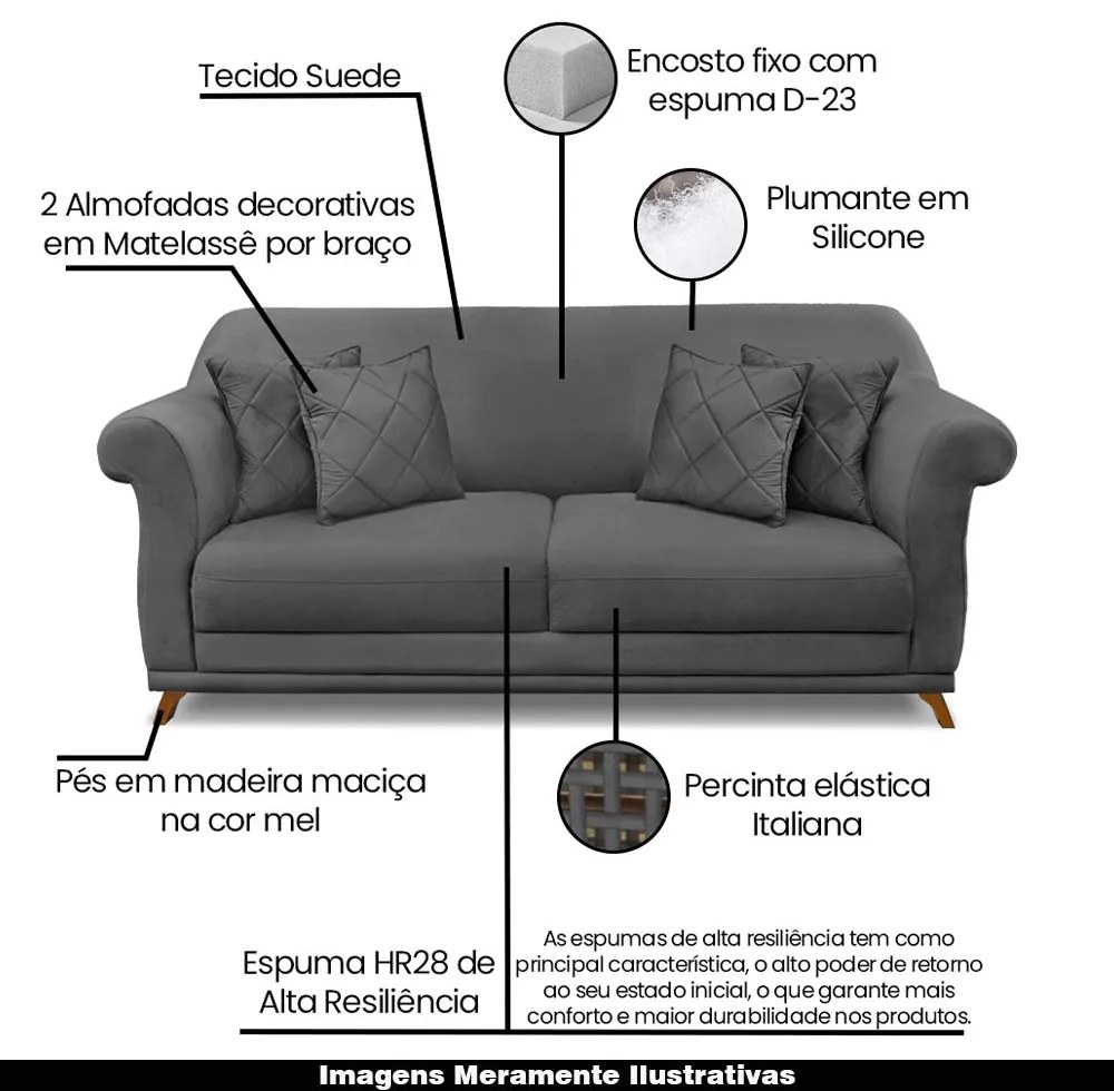Sofá Decorativo 220cm 3 Lugares com 4 Almofadas Armstrong Suede Cinza G63 - Gran Belo