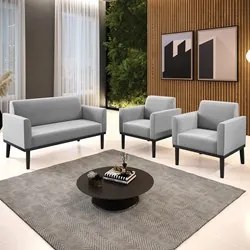 Sofá Namoradeira e 2 Poltronas Base Madeira Preto Maressa Suede Cinza