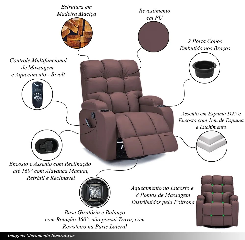 Poltrona do Papai Arcane Giratória Reclinável Sala de Estar Massagem Manual Aquecimento PU Marrom Chocolate G94 - Gran Belo