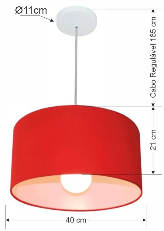 Lustre Pendente Cilíndrico Md-4031 Cúpula em Tecido 40x21cm Vermelho - Bivolt