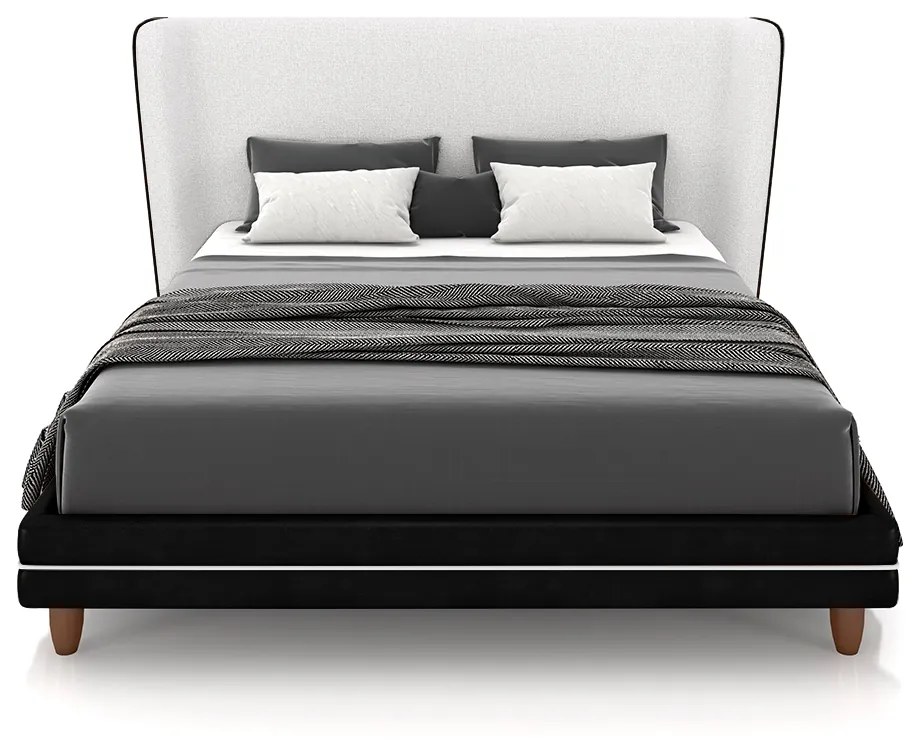 Conjunto Cama com Cabeceira Casal Torres Pés em Madeira PU/Bouclê Preto/Off White G91 - Gran Belo