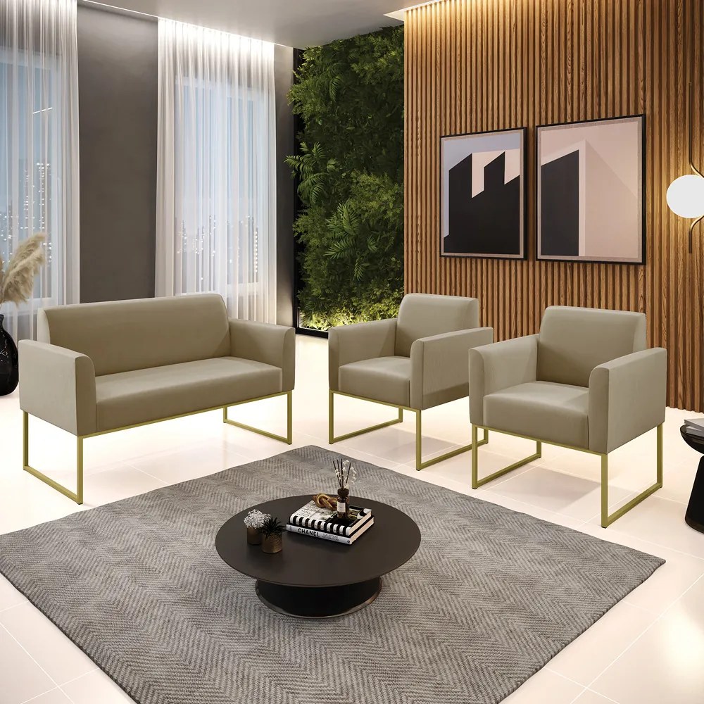 Sofá Namoradeira com 2 Poltronas Base Industrial Dourado Marisa Suede Marrom Rato D03 - D'Rossi
